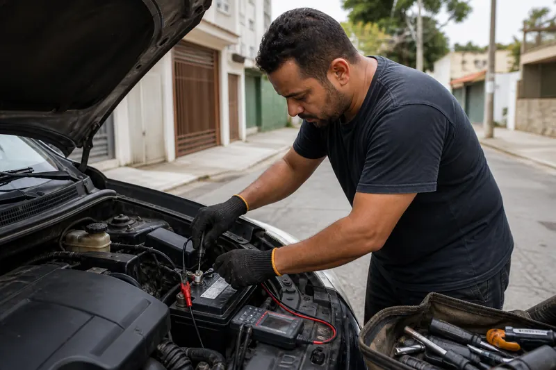 Profissional testando a bateria de um carro no local