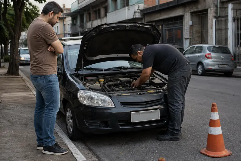Profissional avaliando um carro que não liga em uma rua da Grande São Paulo