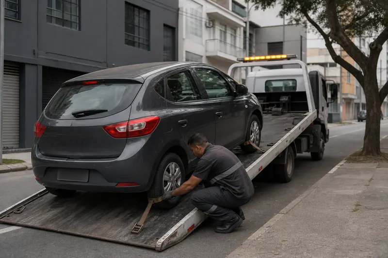 Profissional prendendo um carro com segurança na plataforma do guincho